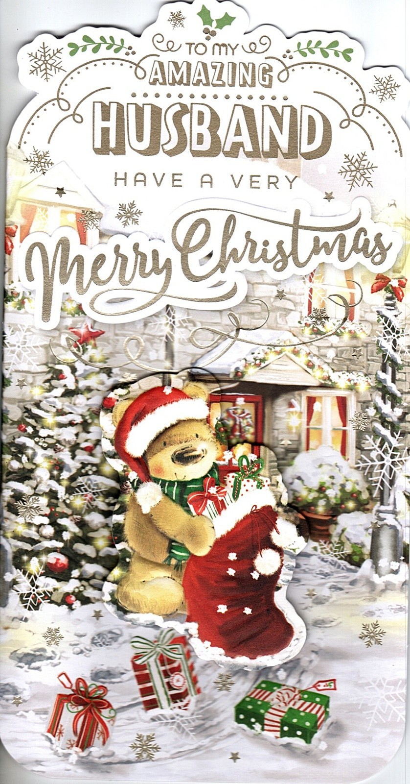 Merry Happy Christmas Card To My Amazing Husband Cute Bear with Large Stocking