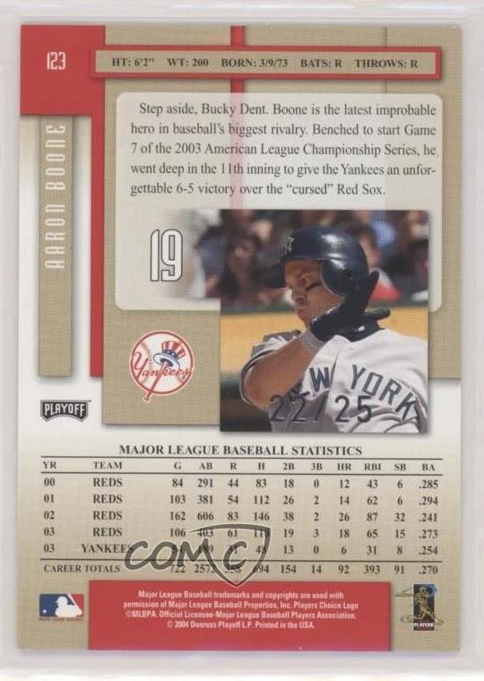 2004 Playoff Prestige Xtra Bases Red /25 Aaron Boone #123 - Image 2 of 2