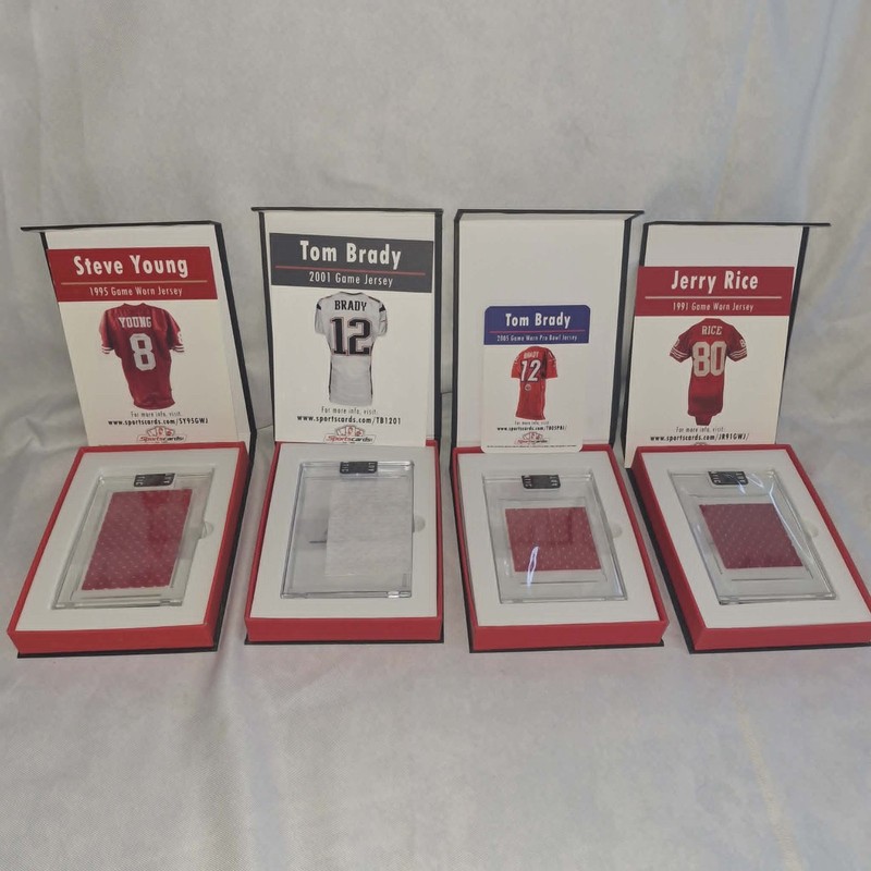 4 Sportscards.com Game Used Jersey Patches, Tom Brady, Jerry Rice, Steve Young