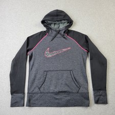 Nike Therma-Fit Hoodie Womens Medium Gray Embroidery Pockets Pullover