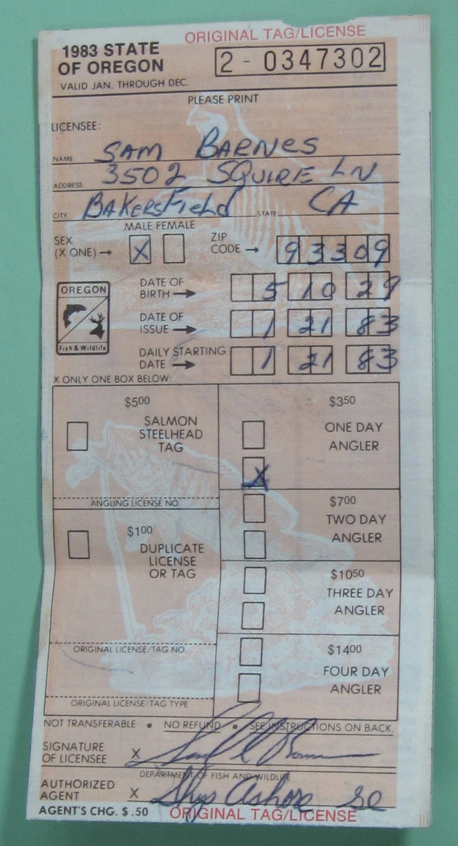 1983 Oregon Department of Fish Wildlife One Day Fishing License Permit