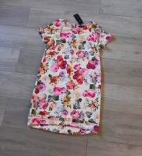 QED London Cream Floral Stretch Tunic Dress Textured Smart Office Party UK10/12
