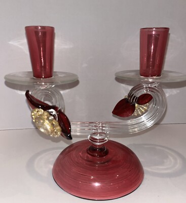 Vintage Venetian Glass Double Candlestick Roses Pink & Gold Fleck Italy