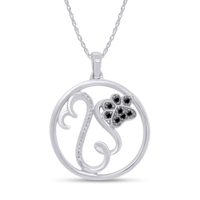 Real White & Black Diamond Open Heart Paw Print Pendant Necklace in 925 Silver