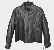 Unik Premium Womens Xxl Black Leather Jacket Ribbed Sides Braided Trim Zip Front