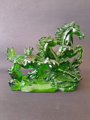 Vintage Chinesische Wilde 2 Pferde Skulptur Imitation Grüner Jade Farbe Figur