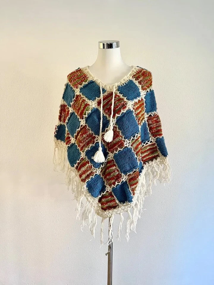 Poncho Wolle bunt Fransen Boho Überwurf Goa Nepal Umhang Hippie Häkelponcho - Bild 4 von 4