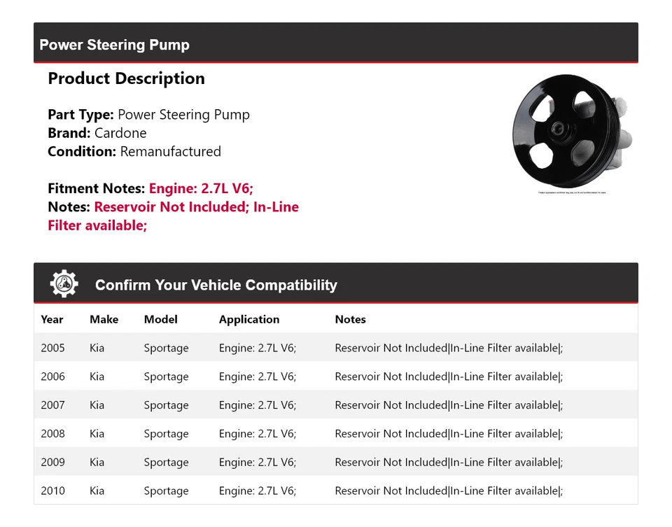 Bomba de dirección asistida Cardone para Kia Sportage 2005-2010 2,7 L V6 2006 2007 2008 Foto 2 de 4
