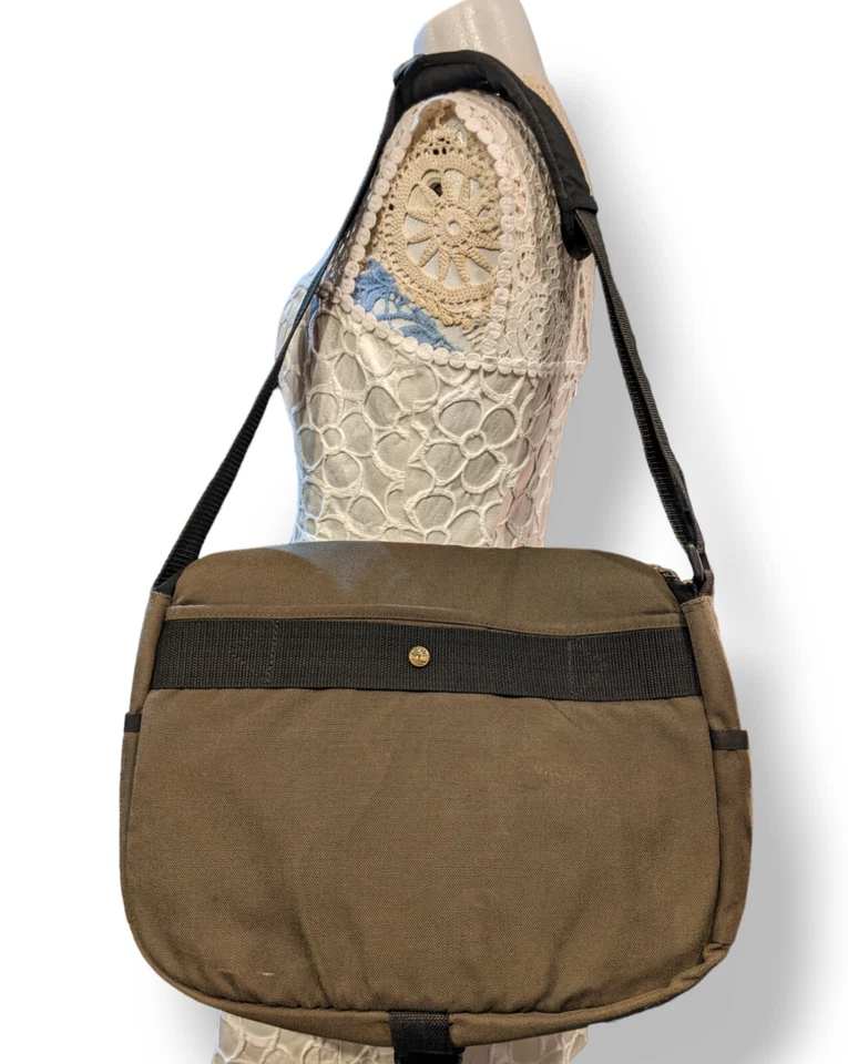 TIMBERLAND Brown Leather Army Green Canvas Lg Messenger Flap Briefcase Bag🌟RARE - Image 4 of 4