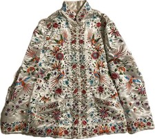 Vintage Plum Blossom Chinese Embroidered Silk Jacket Birds Floral White, EU 38