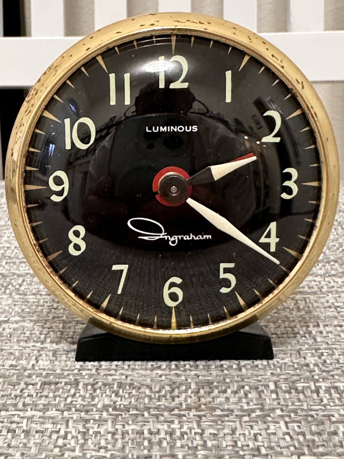 Vintage Ingraham Luminous Alarm Clock * Gold Trim * Black Metal * WORKING WELL!!