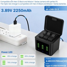 3 2250mAh Battery 3-Slot USB Charger For GoPro Hero 13 Black/Mission 1 Serie