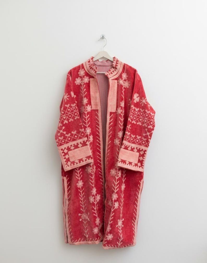 Red Velvet Hand Embroidered Long Jacket for Women | Vintage Suzani Boho Coat |