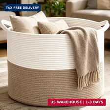 Large Woven Blanket Basket,65L Cotton Rope Laundry Basket Hamper with Handles, D