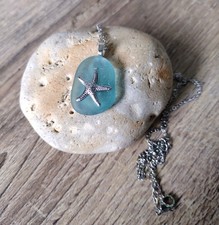 SEA GLASS NECKLACE PENDANT AQUA  STAR FISH HANDMADE 18 IN STEEL CHAIN