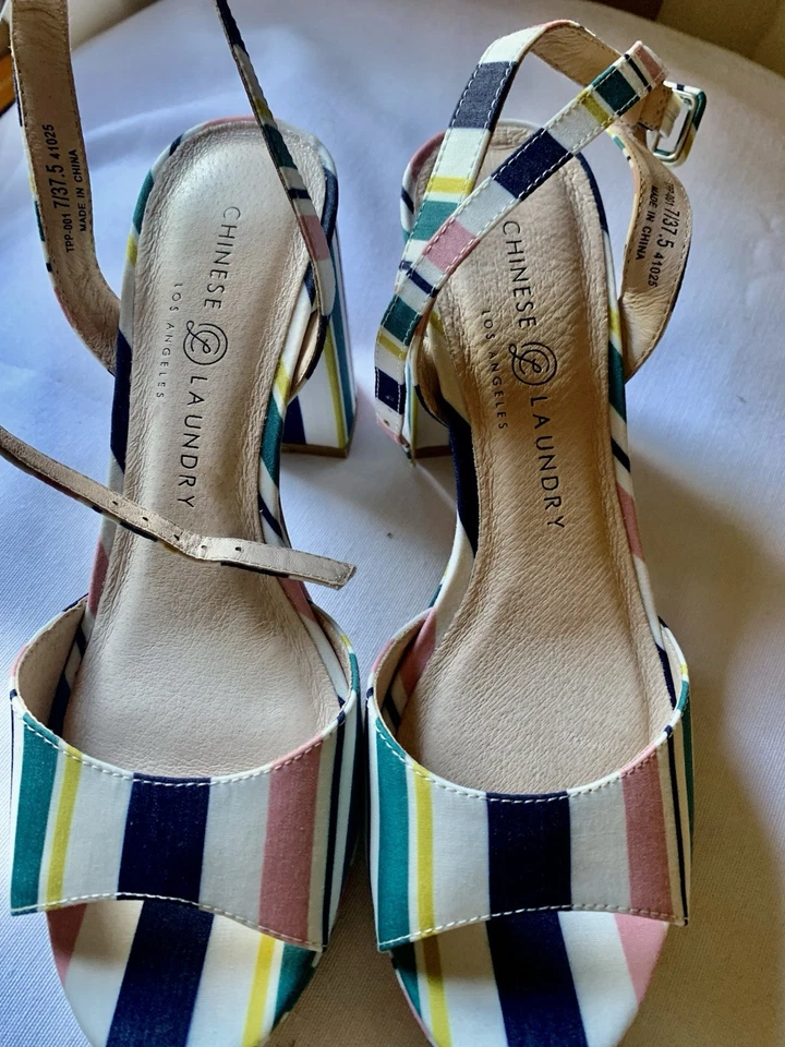 Sandalia china a rayas de lavandería gruesa plataforma bloque correa para el tobillo estilo retro talla 7 Foto 2 de 4
