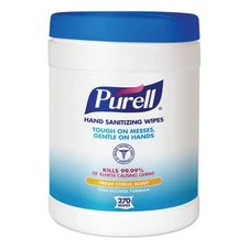 Purell Sanitizing Hand Wipes, 6.75 x 6, Fresh Citrus, White, 270 Wipes/Canister