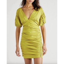 Free People Tastemaker Mini Dress Cotton Ruched Pleated Puff Sleeve Green XS