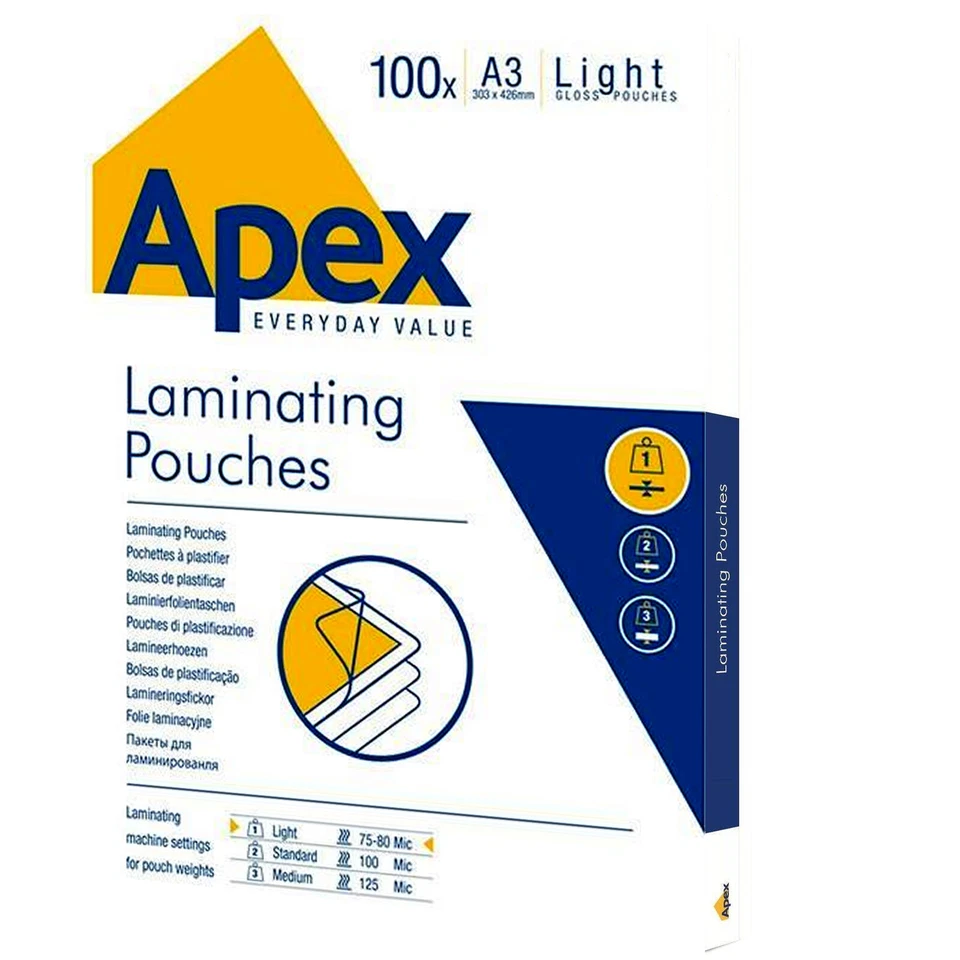 FELLOWES Apex 100 POUCHES A3 30x42cm 75 MICRON FOGLI LUCIDI PER PLASTIFICATRICE A CALDO