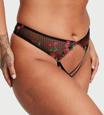 Victoria's Secret NWT Medium Black Cherry Embroidery Crotchless Open Thong Panty