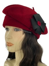 Laulhere French Hat Beret Wool Passion Red  Black Flower - 7 - 7 1/8 France