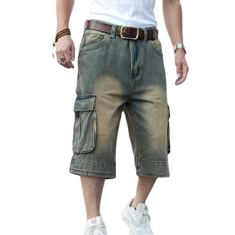 Men Loose Denim Shorts Hip Hop 3/4 Length Jeans Baggy Roll Up