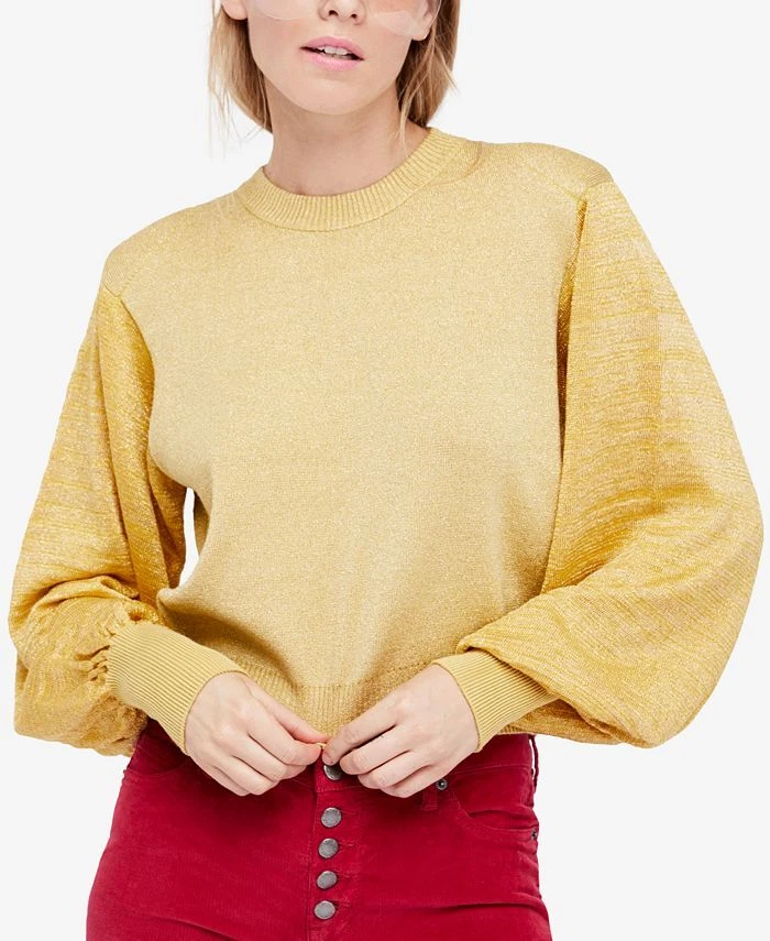 Free People Women's Sz. M Gold Metallic Let It Shine Balloon-Sleeve Sweater