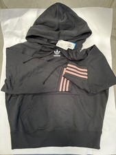 Adidas Women's Essential Fleece Oversized Black Hoodie Pink Stripes Small