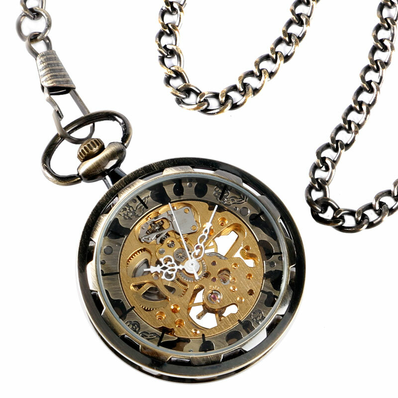 Vintage Bronze Hand-Winding Mechanical Pocket Watch with Chain