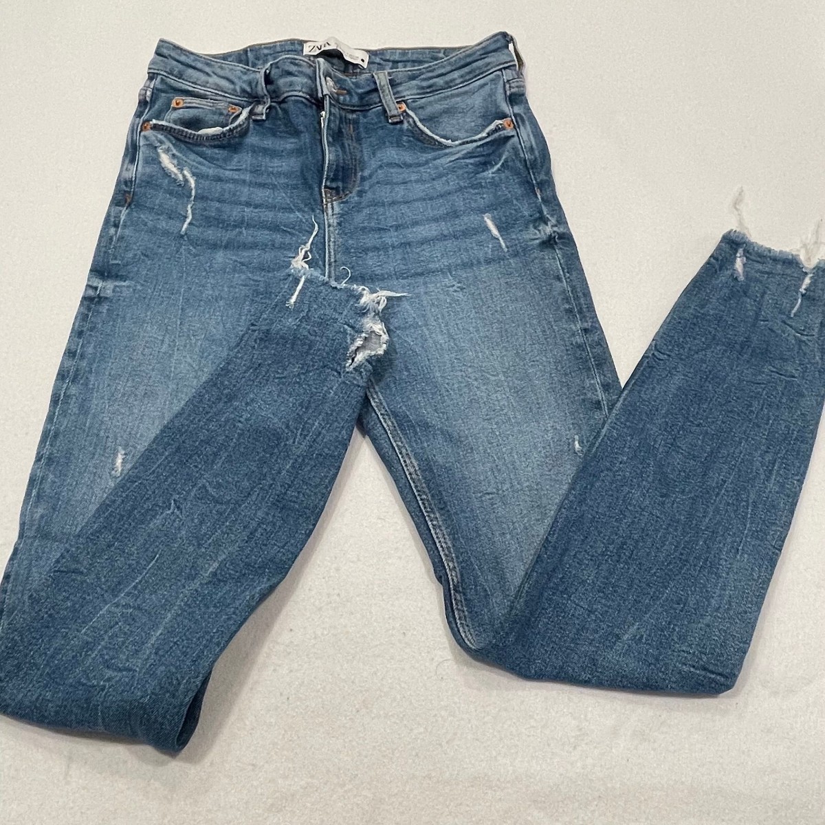 Zara Size Premium Skinny Ankle Jeans in Island Blue Distressed