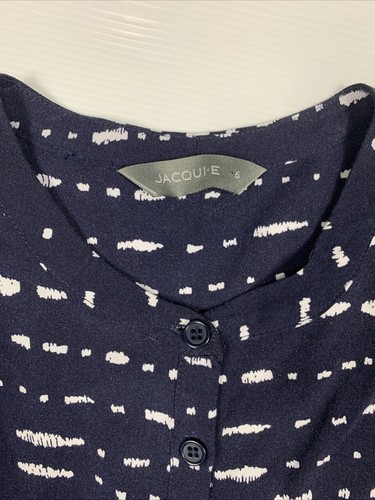 JACQUI E Stretch Navy Blue White Dot Button Dress 3/4 Sleeve Size 6 XS - Picture 3 of 8