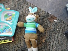 Vintage  Dan Dee sock monkey in blue  green bunny outfit -13"