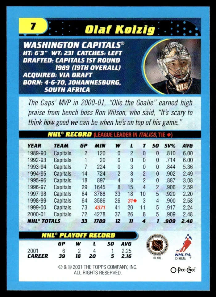 2001-02 O PEE CHEE RETRO Olaf Kolzig Washington Capitals #7 R170 - Image 2 of 2