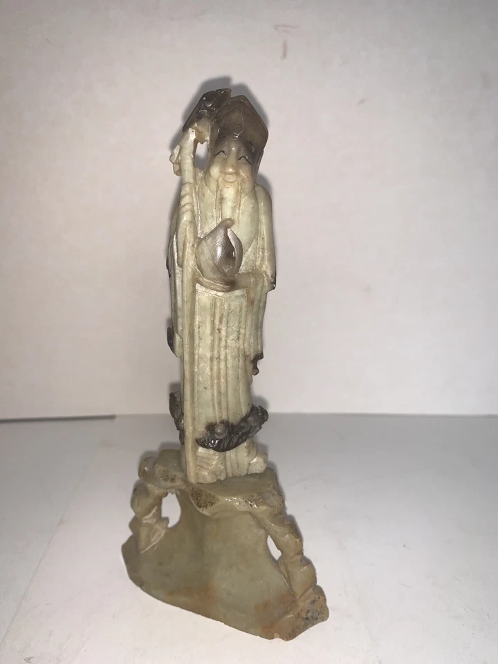 Estátua de homem asiático esculpida à mão chinesa antiga figura base de pedra 2 peças - Imagem 3 de 4