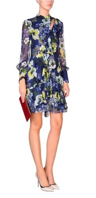 Original Erdem Resort 2017 Floral Dress Kleid Blumenprint Seide Blau IT 38 / D34