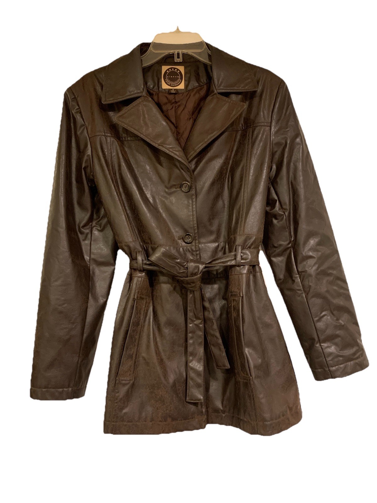 Giacca 5 Star Outerwear Faux Leather Trench Coat Brown Belted Jacket Women's M