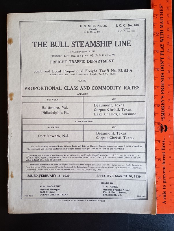 1939 The Bull Steamship Line Freight Traffic Commodity Rates Book Baltimore +