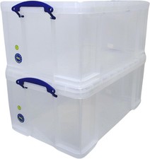 64 Litre Really Useful Plastic Storage Box with Lid Pack of 2 Clear Stackable