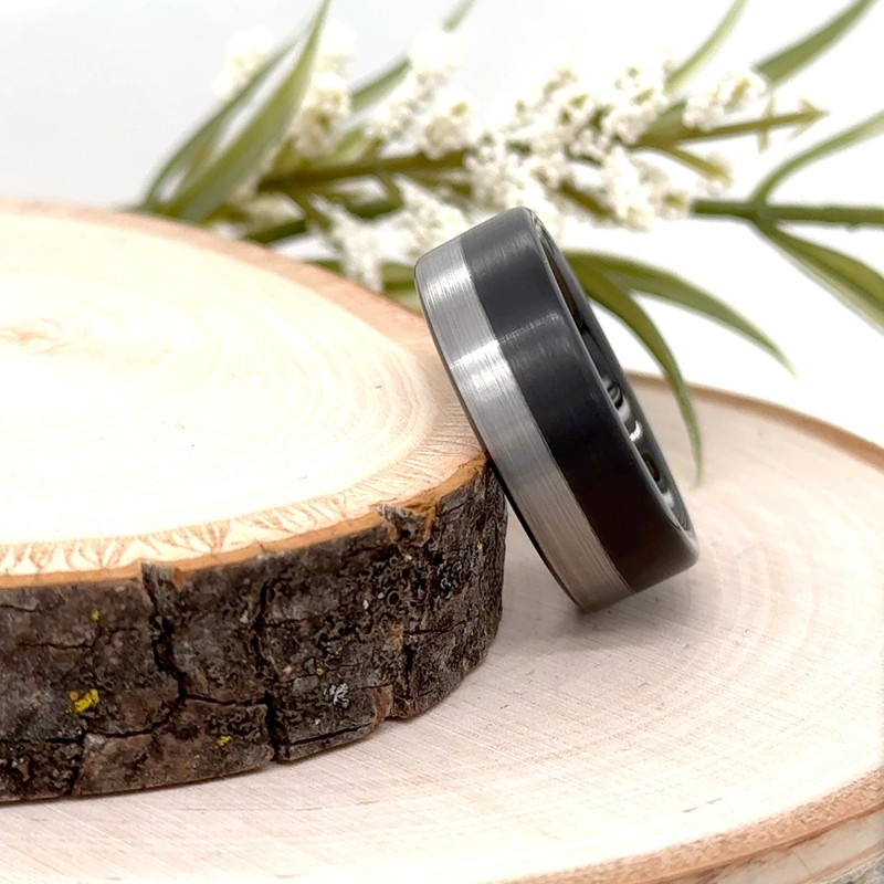 8mm Two Tone Tungsten Carbide Ring Unisex Brushed polished Edges Engraving Band