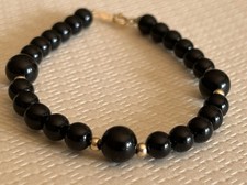 14K Gold Black Onyx Gold Bead Jewelry Bracelet 7 Inch