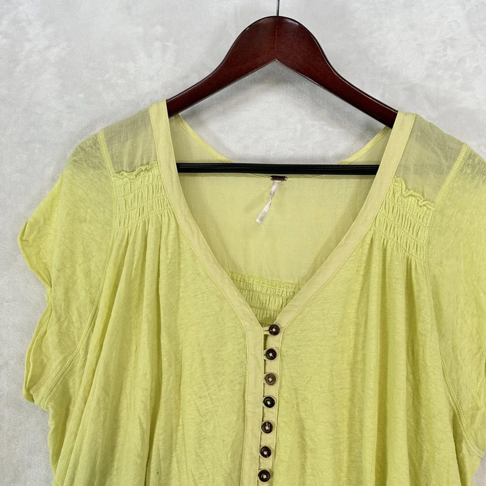 Free People Shirt Womens Large Yellow Button Front Boho Tunic Smocked Hi-Low Hem - Image 2 of 4