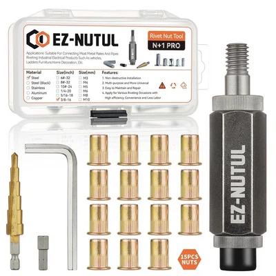 EZ-NUTUL 3/8-16 Rivet Nut Installation Tool Set Flat Head Rivnut 15pcs Nutsert Kit