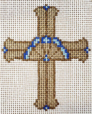 Hand Painted Needlepoint Canvas BROWN CROSS w/BLUES marked W - 13 Count