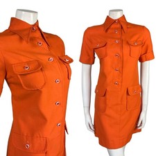 VTG 60S 70S MOD DAGGER COLLAR ORANGE SHIFT SHIRT MINI DRESS 10