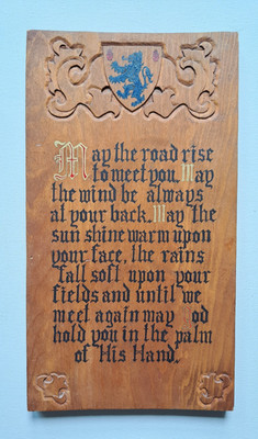 Vintage Hand Carved Wood Irish Blessing Plaque Family Crest Kelly Coat Of Arms