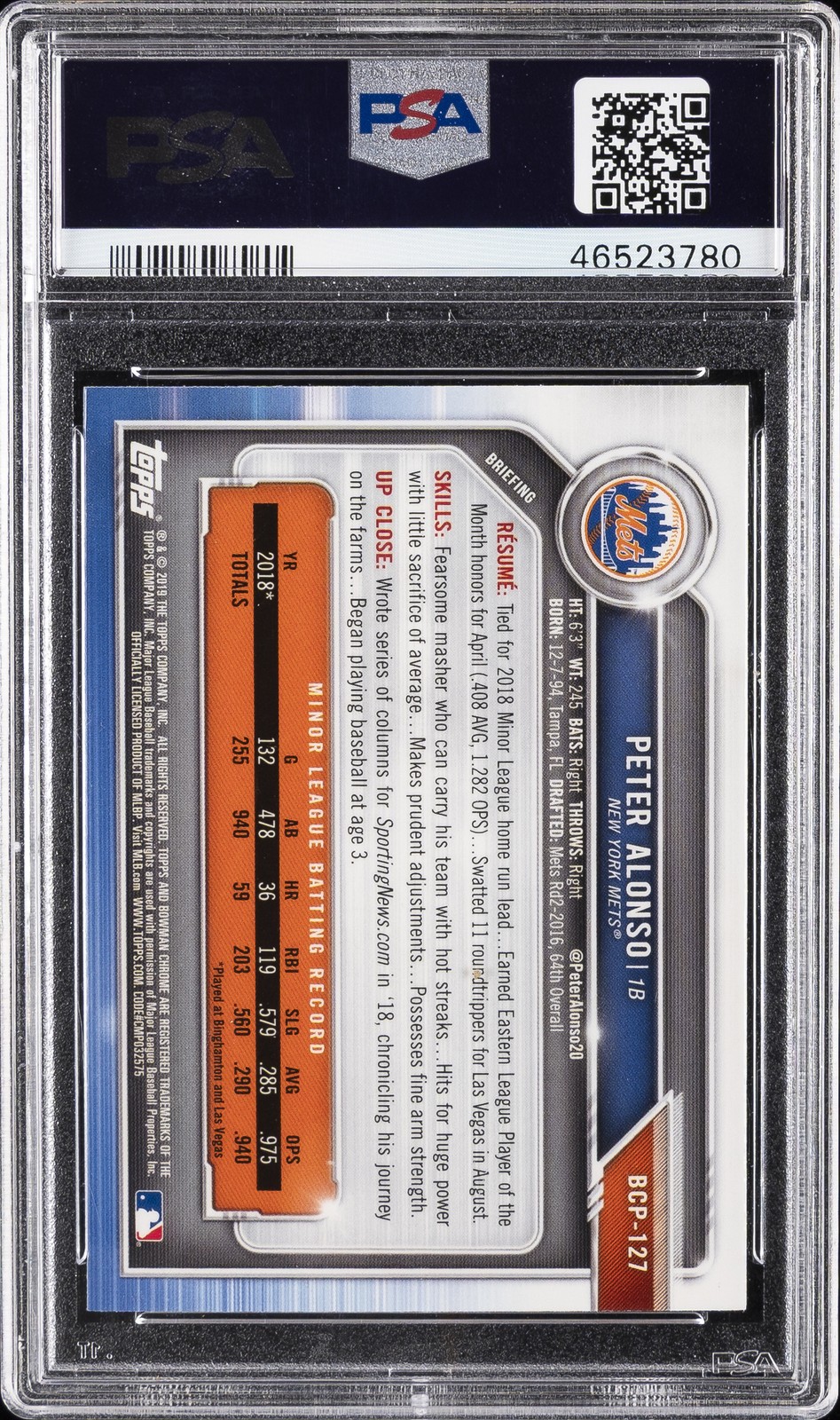 2019 BOWMAN PROSPECTS CHROME #127 PETER ALONSO PSA 9 view 2