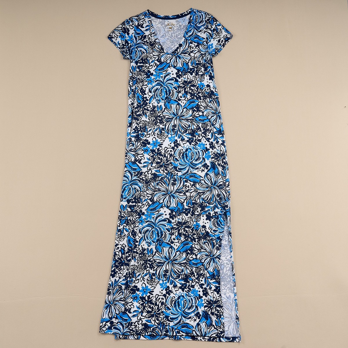 Lilly Pulitzer Etta V Neck Maxi Dress Low Tide Navy Pandarama Sz XS Short  Sleeve | eBay