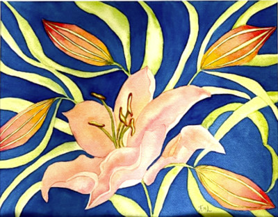 PAINTING WATERCOLOR ORIGINAL ART LILY FLOWER CORAL ORANGE PINK 11X14 MAT 16X20