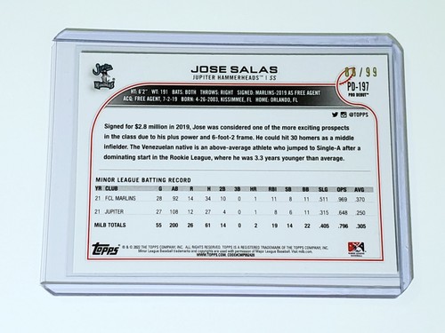 Jose Salas 2022 Topps 1st Pro Debut Green Parallel 86/99 #PD-197 Miami Marlins - Picture 2 of 2