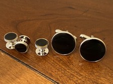 Round Silver Tone Cuff Links With Tuxedo Studs Men 3 Studs With Grooved Edges